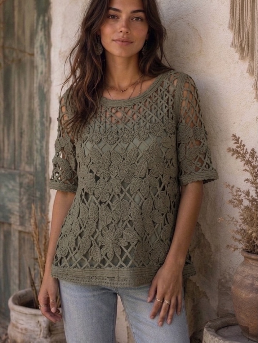 Chico’s Crotchet Cotton Lace Open Knit Bohemian Pullover Olive Sweater 1= M 8-10